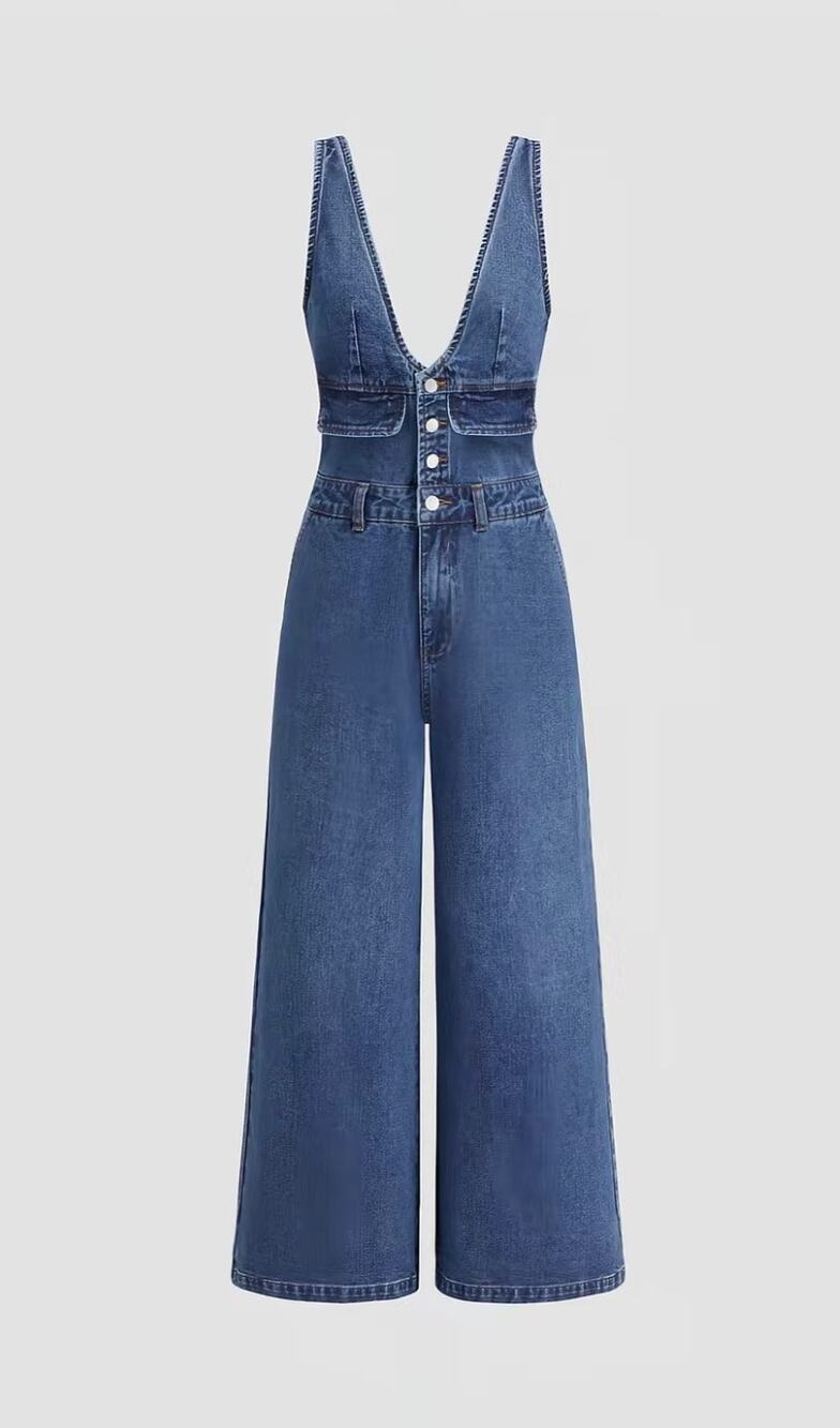 Cider Denim V-Neck Button Pocket Wide Leg Jumpsuit Size Small NWT